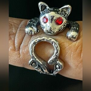 Silver Tone Textured Cat Animal Wrap Ring with Red Crystal Eyes. Adjustable